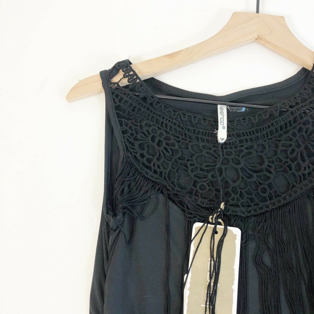 Leshop Boho Tunic Blouse Top Womens S‎ Black Sleeveless Lace Fringe Ruched NEW